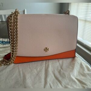 Tory Burch shoulder chain bag orange and nude